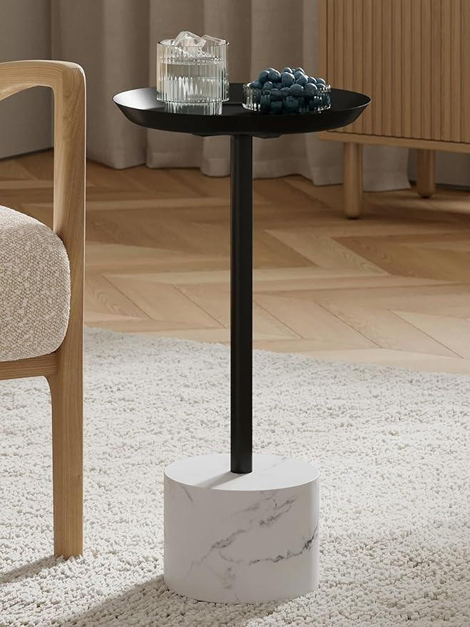 Round Metal Drink Table with Black Top and Faux Marble Base – Small Pedestal Side Table for Liv... | Amazon (US)