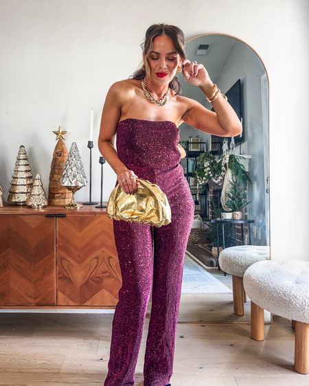 $35 Sequin jumpsuit Christmas outfit in size small! Go up if inbtwn sizes. I’m a 0/2 25/26 curve love! 5’3” in heels. 

#LTKfindsunder50 #LTKSeasonal #LTKHoliday