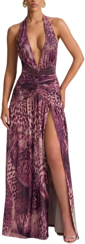 Women's Sexy Deep V Neck High Slit Maxi Dress Halter Sleeveless Pleated Sexy Body-Con Maxi Dress ... | Amazon (US)