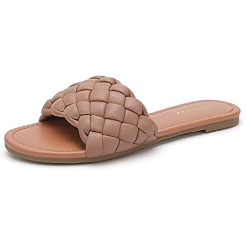 Athlefit Women's Square Open Toe Sandals Summer Casual Braided Strap Flat Slip On Slides Slippers | Amazon (US)