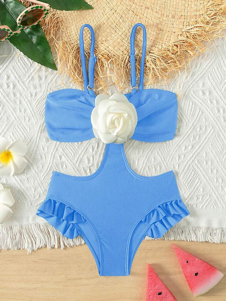 Young Girl Baby Blue Solid Color Fashion White Flower Cute Holiday Beach Swimsuit One-Piece, Mommy And Me Matching Outfits (2 Pieces Are Sold Separately) | SHEIN