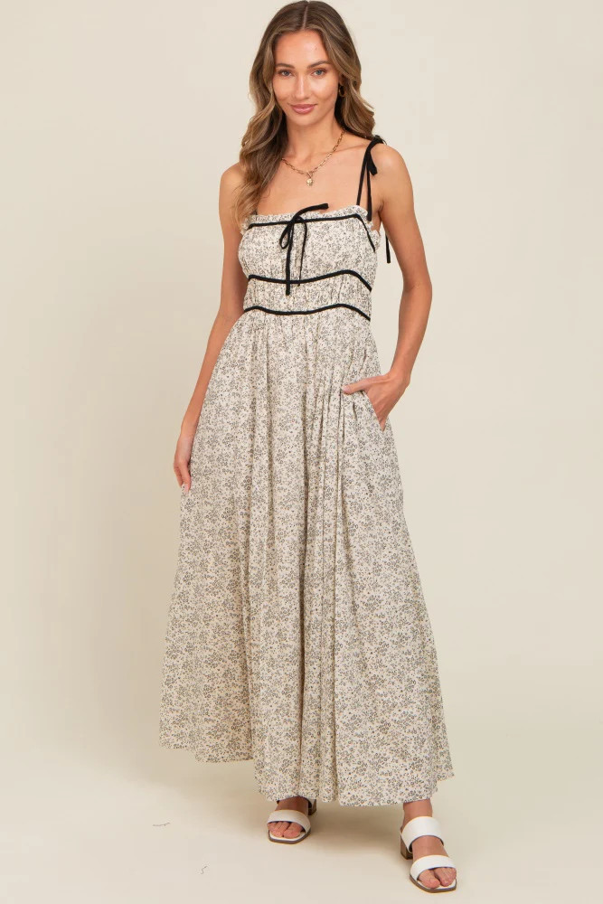Cream Floral Contrast Ribbon Trim Maxi Dress | PinkBlush Maternity