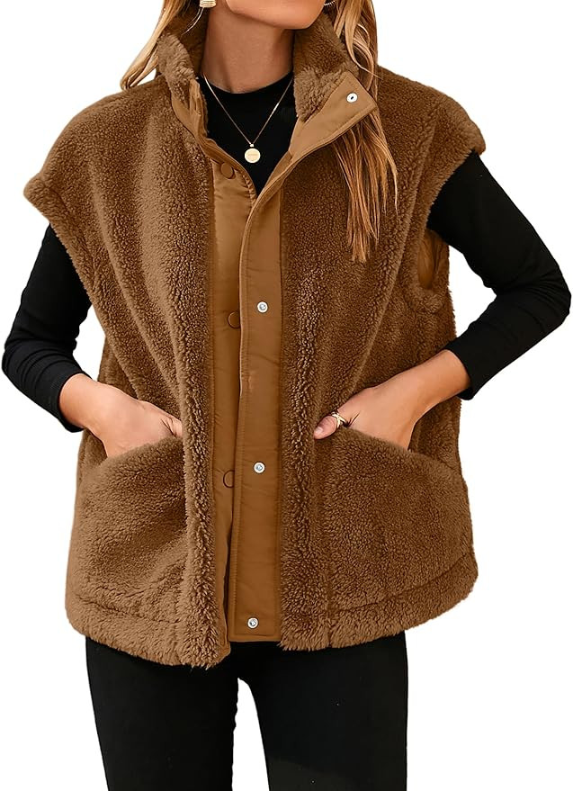 Glamaker Womens Fuzzy Fleece Vest Casual Loose Sherpa Vest Faux Fur Button Down Sleeveless Jacket... | Amazon (US)