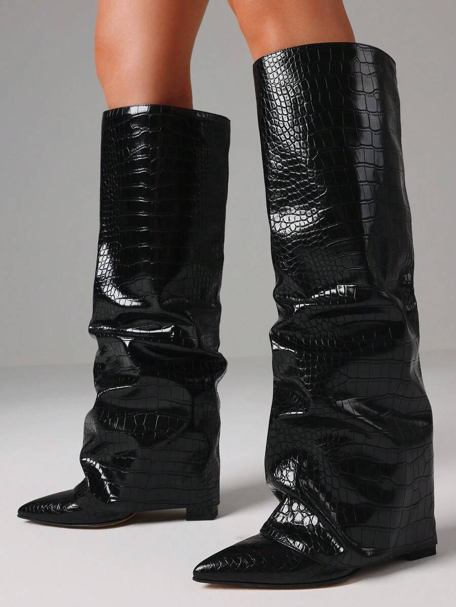 Heel Knee High Shark Boots For Women, Fold Over Ruched Slouchy Pleated Boots With Pointed Toe Pul... | SHEIN