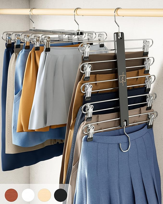 MORALVE Skirt Hangers Space Saving with Clips - 2 Pack - European Beechwood 5-Tier Hanger for Sho... | Amazon (US)