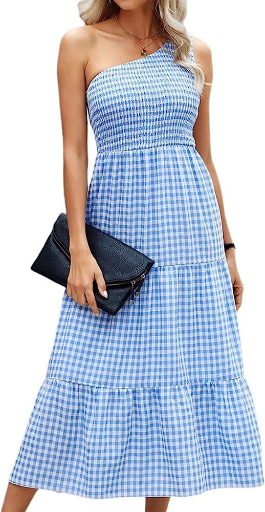 Aisbei Women's Casual Summer One Shoulder Dress Sleeveless Empire Waist Plaid Midi Dress | Amazon (US)