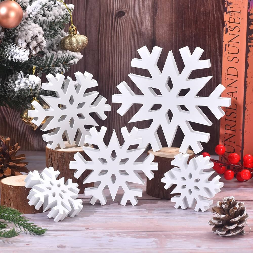 5Pcs Christmas Snowflake Wooden Tabletop Decor, White Snowflake Wood Sign Blocks Winter Decoratio... | Amazon (US)