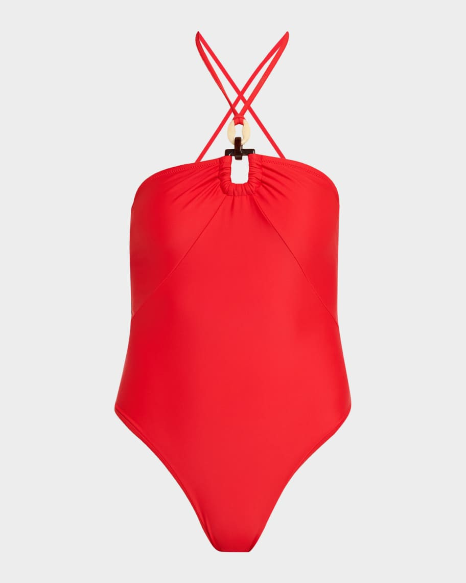 Ramy Brook Marjorie Ring Halter One-Piece Swimsuit | Neiman Marcus