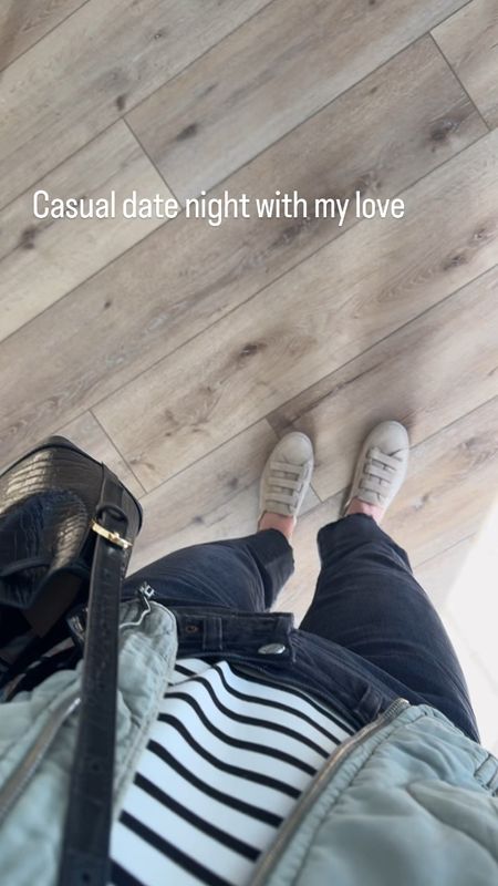 Causal date night look with a stripe tee, quilted bomber, black jeans, sneakers 

#LTKVideo #LTKover40 #LTKstyletip