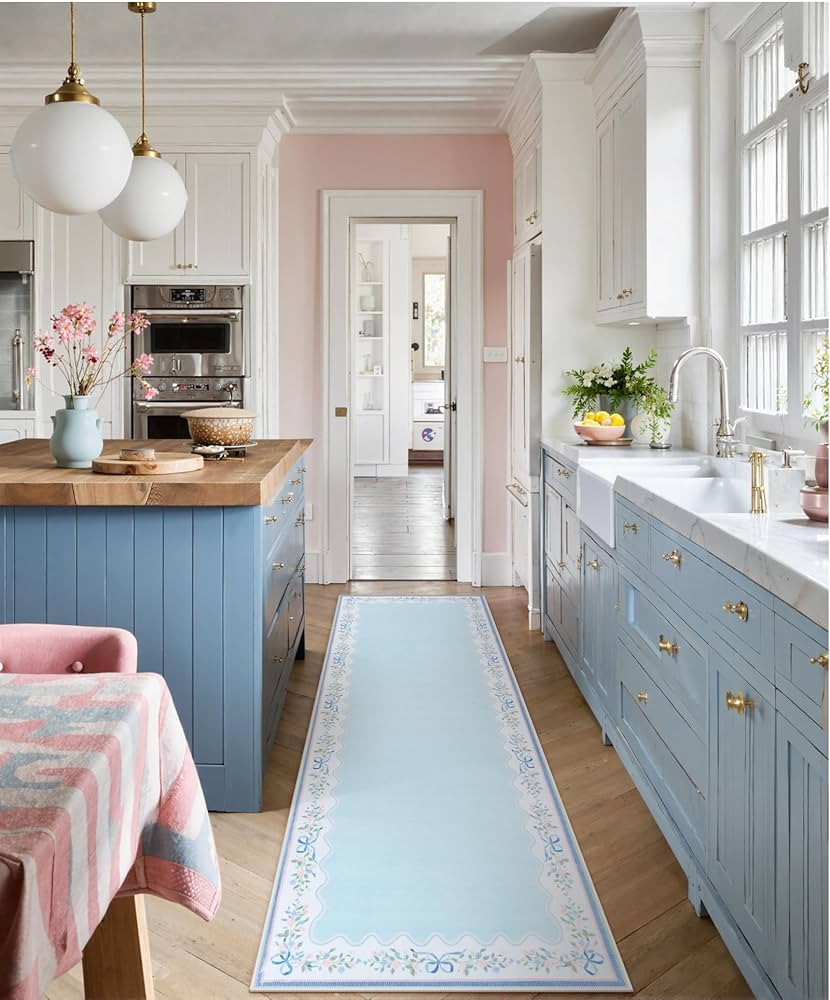 Seavish Blue Floral Scalloped Rug, 2x6 Rug Runners for Hallways Non Slip, Low Pile Soft Accent Be... | Amazon (US)