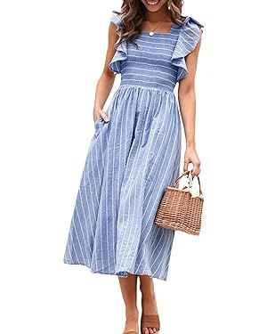Miessial Women's Striped Linen Midi Dress Elegant Square Neck Ruffle Cap Sleeves Maternity Dress ... | Amazon (US)