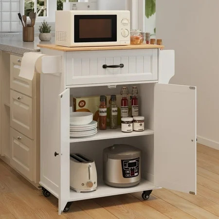 Lofka Kitchen Island Cart with Storage, Microwave Stand with Spice Rack, Towel Rack, Adjustable Shelf, 1 Drawer, White | Walmart (US)