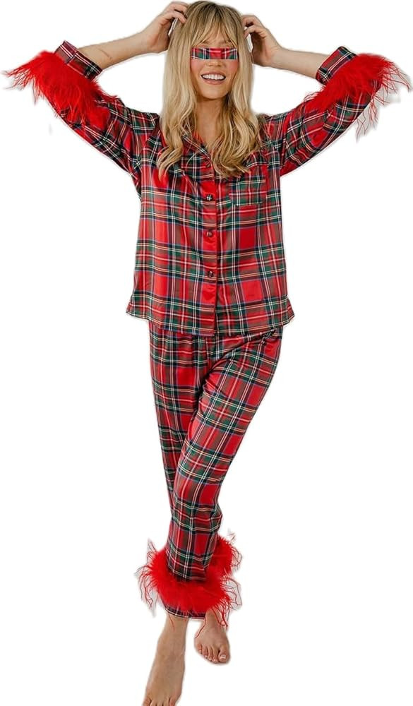 Womens Feather Trim Christmas Pajamas Cute Bow Santa Satin Pjs Silk Long Sleeve Button Pajama Shi... | Amazon (US)