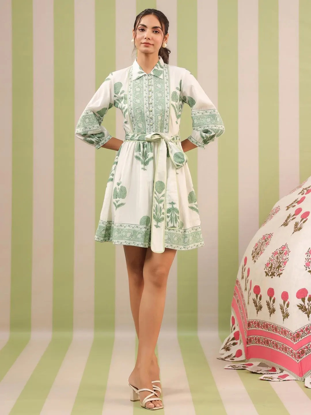 Hand Block Printed Dress | Summer Short Dress | Cotton Floral Dress | White & Green Dress| Handma... | Etsy (US)