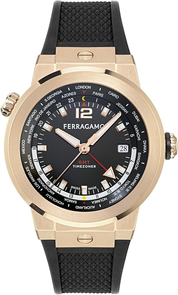Ferragamo F-80 GMT Worldtime Collection Luxury Mens Watch Timepieces with a Black Strap and Dial ... | Amazon (US)