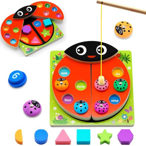 MOONTOY Wooden Ladybug Montessori Toys for 1 2 3 4 Year Old Boy Girl Learning Toys for Toddlers 1-3 Magnetic Fishing Game Number Block Counting Color Shape Sorter Puzzle Easter Basket Stuffers Gift | Amazon (US)