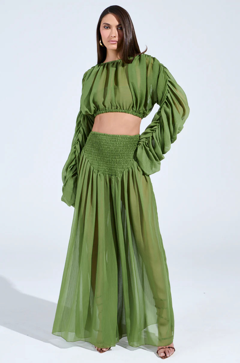 LAURA RUCHED PALAZZO PANT IN GREEN | AKIRA