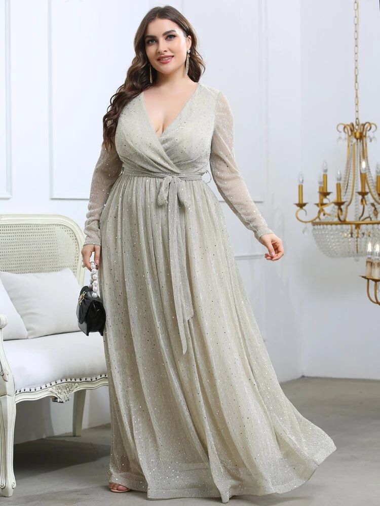 Plus Surplice Neck Glitter Belted Maxi Dress | SHEIN