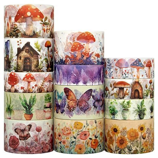 Washi Tape Set 13 Rolls - Mushroom Butterfly Floral Decorative Tape, Colored Masking Tape for Scr... | Amazon (US)