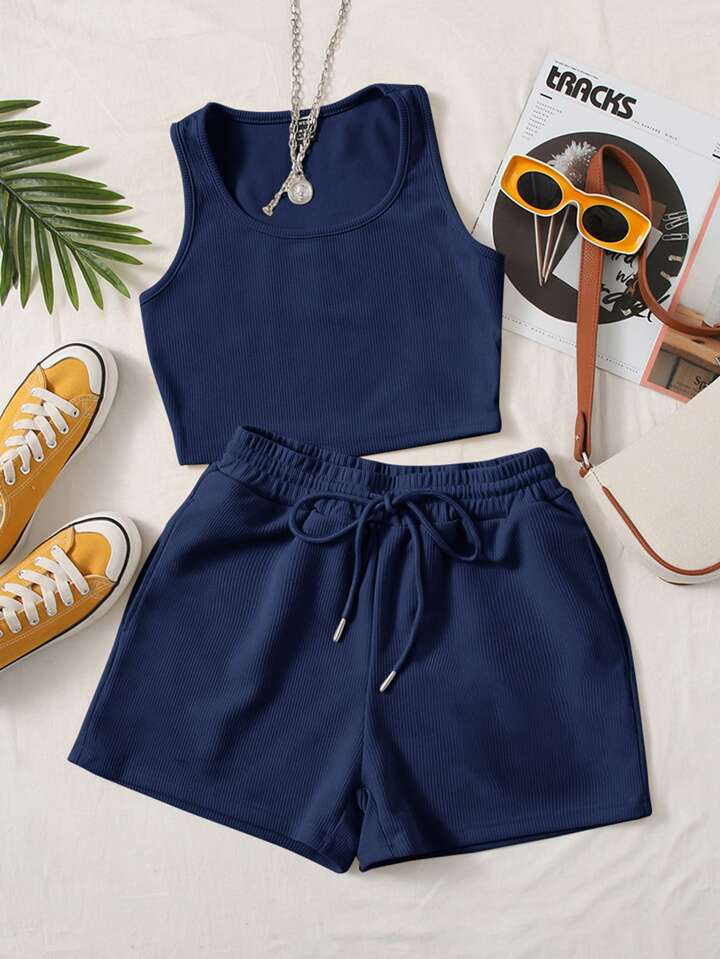 SHEIN EZwear Scoop Neck Tank Top And Track Shorts | SHEIN