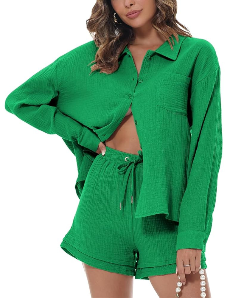 PAODIKUAI Women's Casual 2 Piece Outfits Wrinkled Long Sleeve Button Down Shirt and Shorts Set | Amazon (US)
