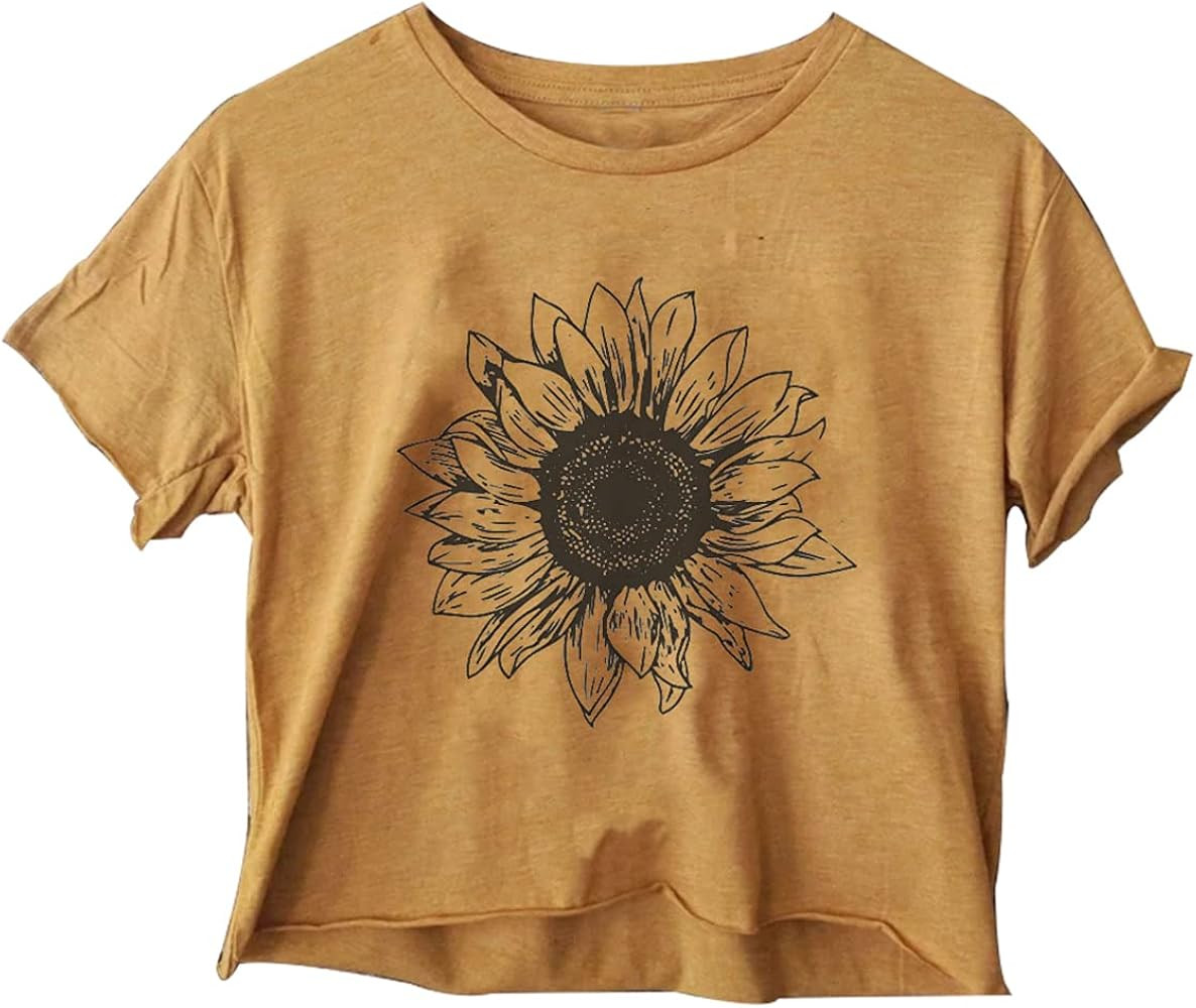 Women's Sunflower Graphic Cropped Shirts Cute Summer Crop Tops for Teen Girls | Amazon (US)