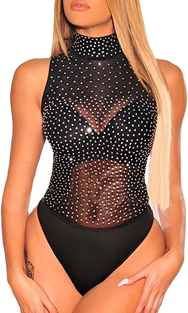 Lrady Women's Sheer Mesh Turtleneck Neck See Through Leotard Bodysuit Body Tops | Amazon (US)