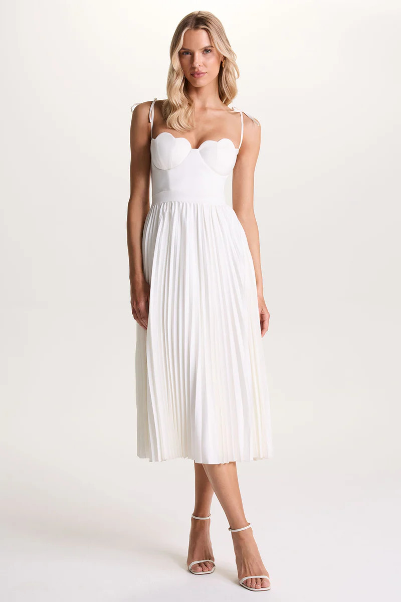 Agua  Cream Satin Sweetheart Midi Dress With Pleated Skirt | Club L London
