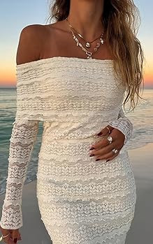 Women's Off The Shoulder Lace Maxi Dress Long Sleeve Bodycon Formal Cocktail Dress for Wedding Gu... | Amazon (US)