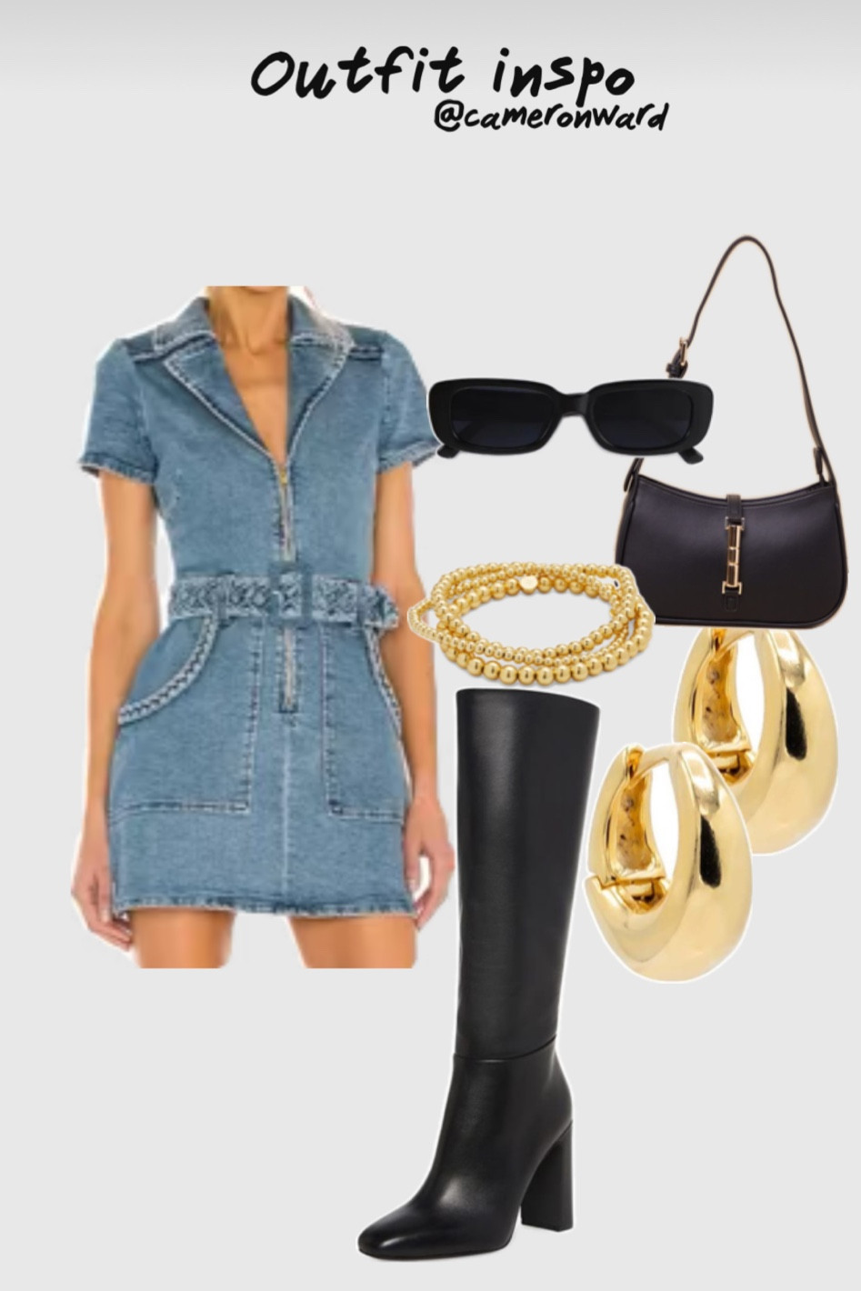 Denim dress, tall black boots, black purse, gold hoops, gold bracelets 

#LTKSeasonal #LTKStyleTip #LTKFindsUnder100