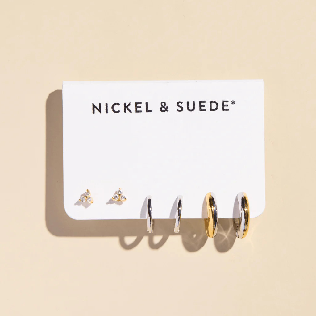 Mixed Metal Dainty Earring Set | Nickel and Suede