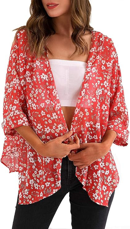 MYIFU Women's Floral Print Chiffon Sheer Kimono Cardigan Capes Loose Open Front Beach Cover Ups | Amazon (US)