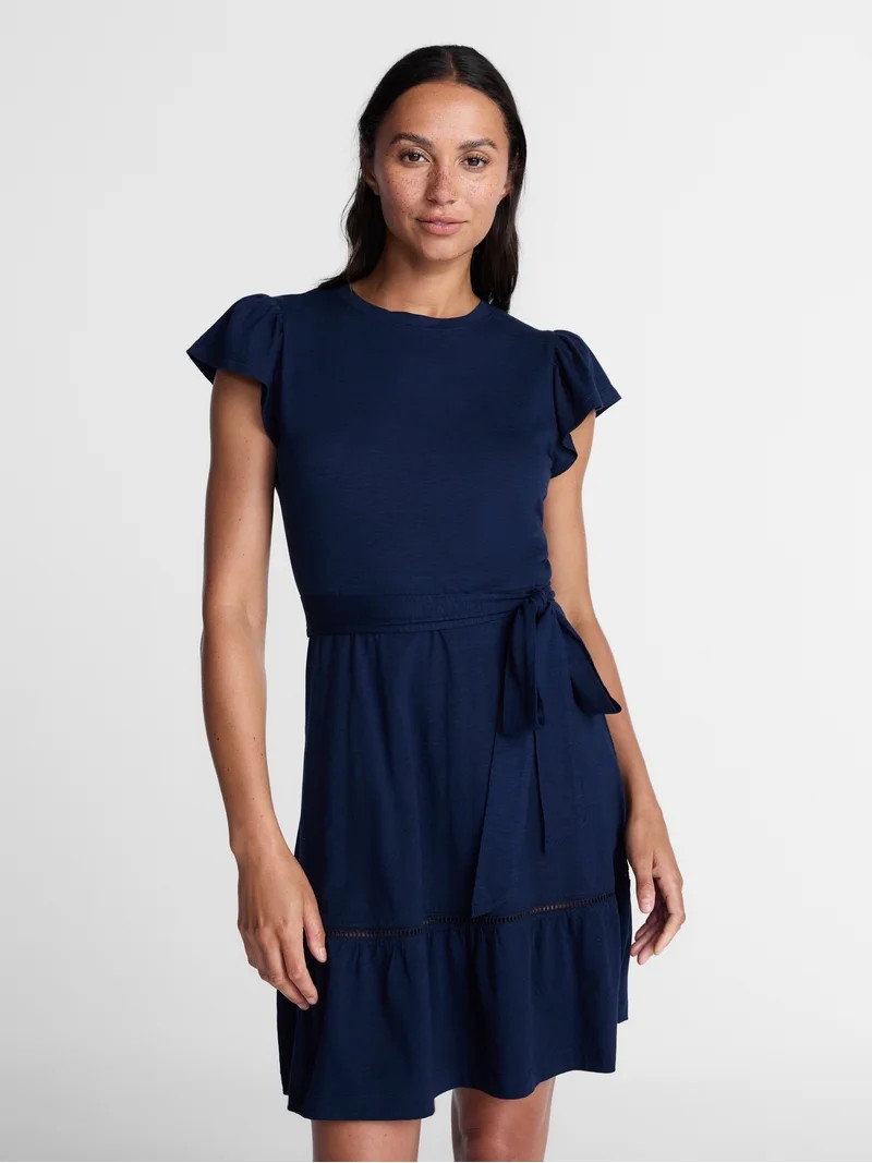 Time and Tru Women's and Women's Plus Belted Mini Dress with Flutter Sleeves, Sizes XS-4X | Walmart (US)