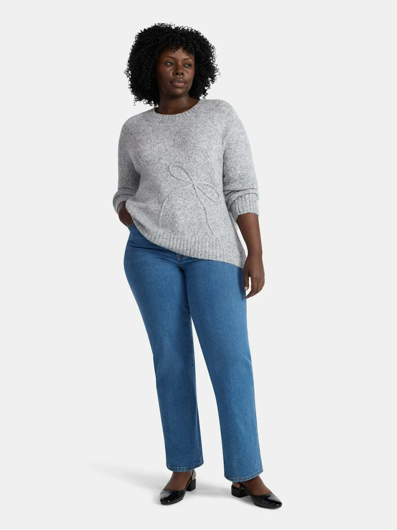 Terra & Sky Women’s Plus Bow Stitch Crewneck Sweater, Lightweight, Sizes 0X-4X | Walmart (US)