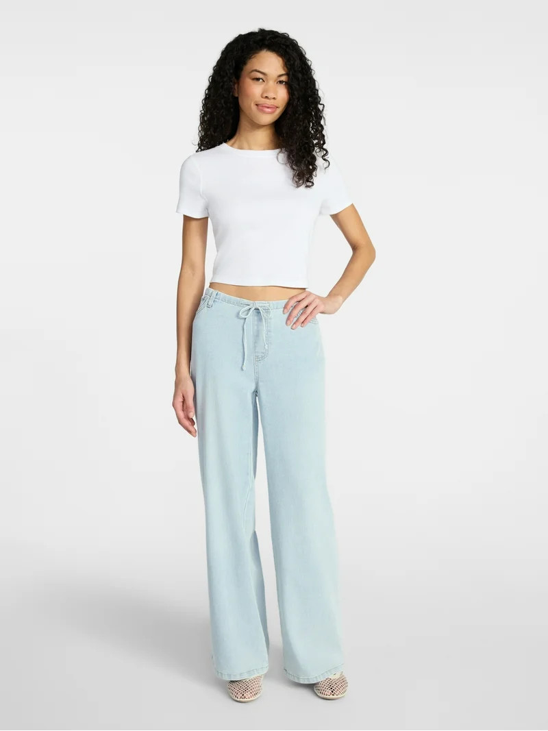 No Boundaries Mini Waistband Wide Leg Pants, 31'' Inseam, Women's Sizes XXS-XXL | Walmart (US)