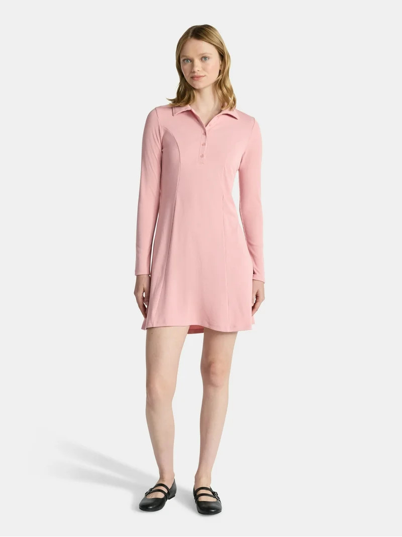 No Boundaries Ribbed Polo Dress with Long Sleeves, Women's | Walmart (US)