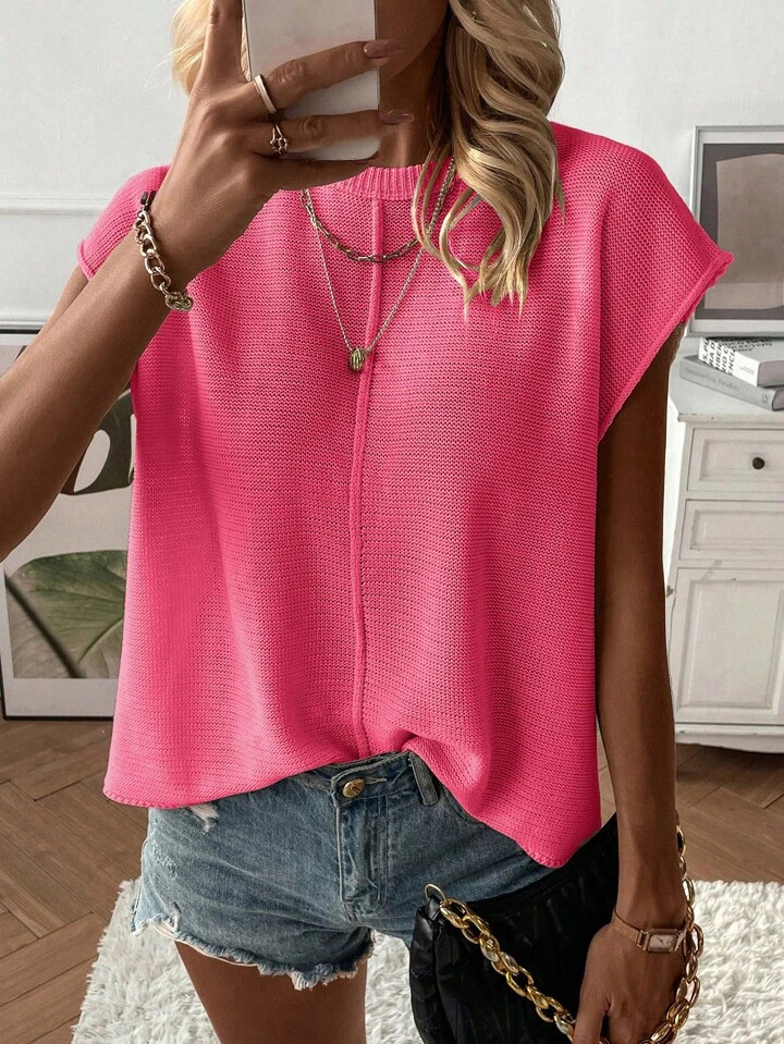 SHEIN LUNE Women's Plain Crew Neck Casual Loose Knit Sweater Vest, Autumn/Winter | SHEIN