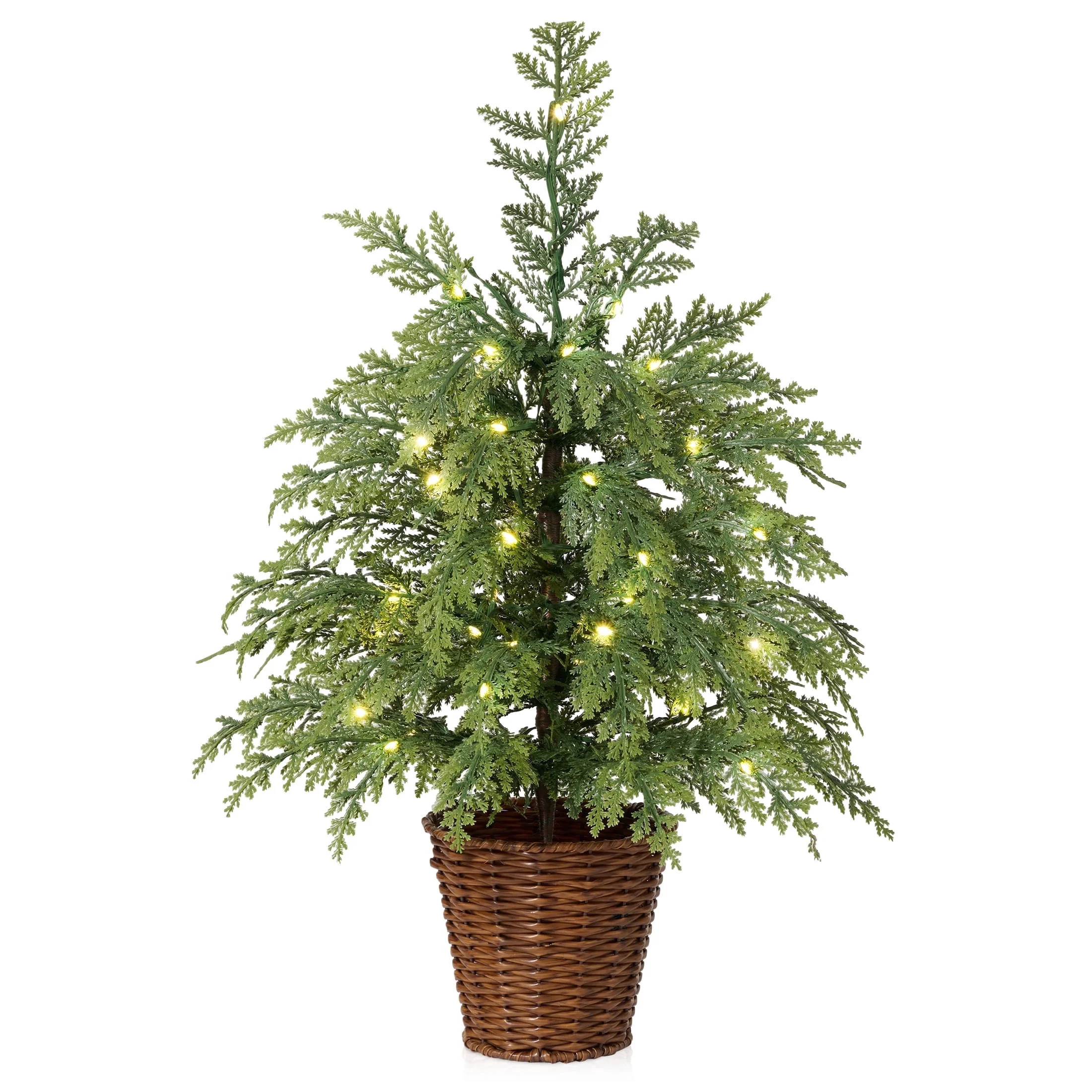 DR.Planzen 4' Pre-Lit Green Cypress Artificial Christmas Potted Tree with 100 Warm White Twinkle LED Lights, Indoor Tabletop Holiday Decoration in Woven Basket Base | Walmart (US)