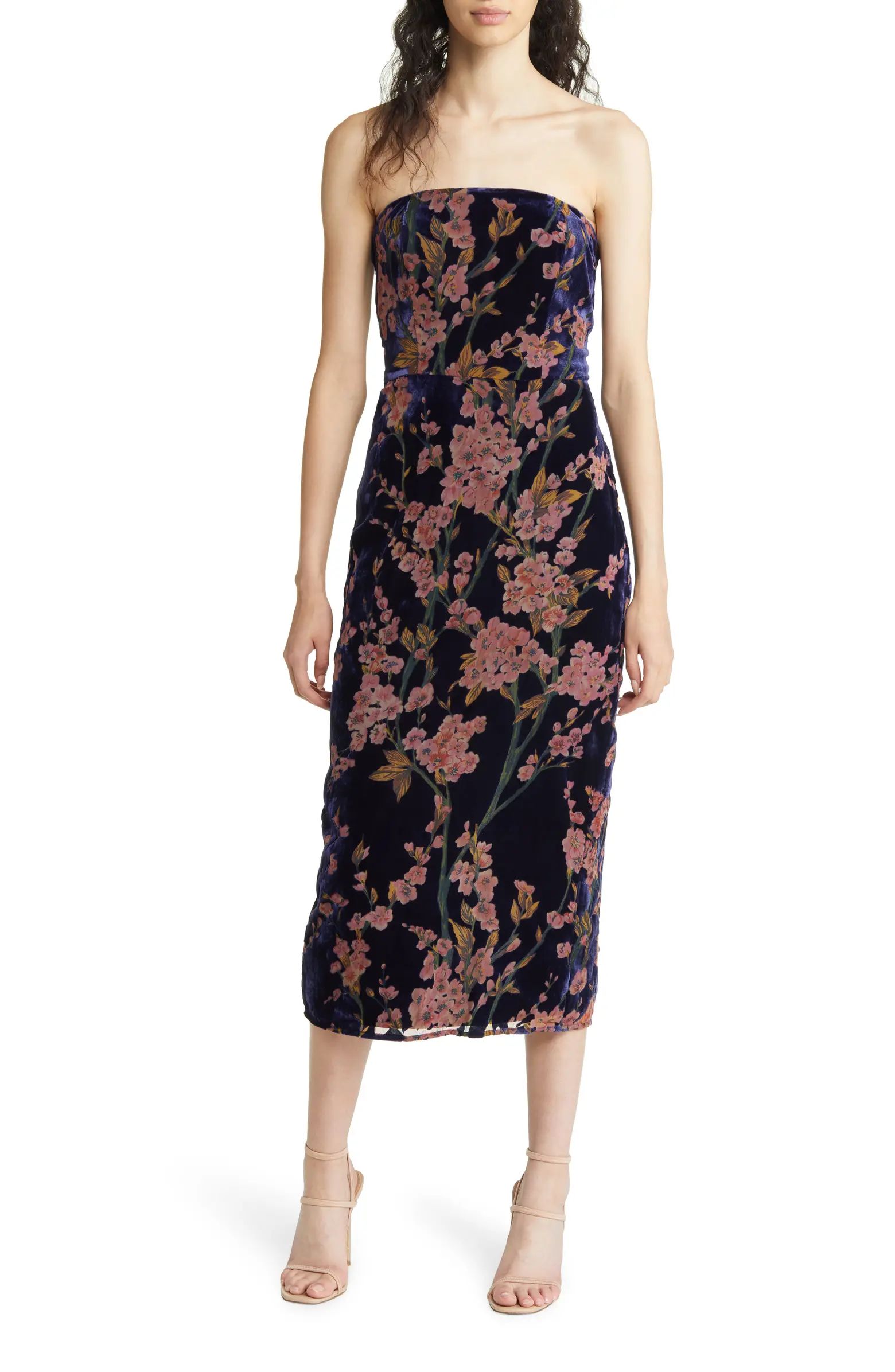 Lulus Buy You Flowers Strapless Velvet Cocktail Midi Dress | Nordstrom | Nordstrom