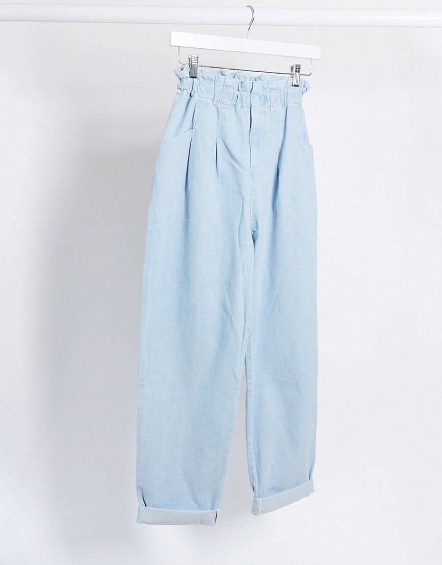 ASOS DESIGN lightweight paperbag waist jeans in lightwash-Blue | ASOS (Global)