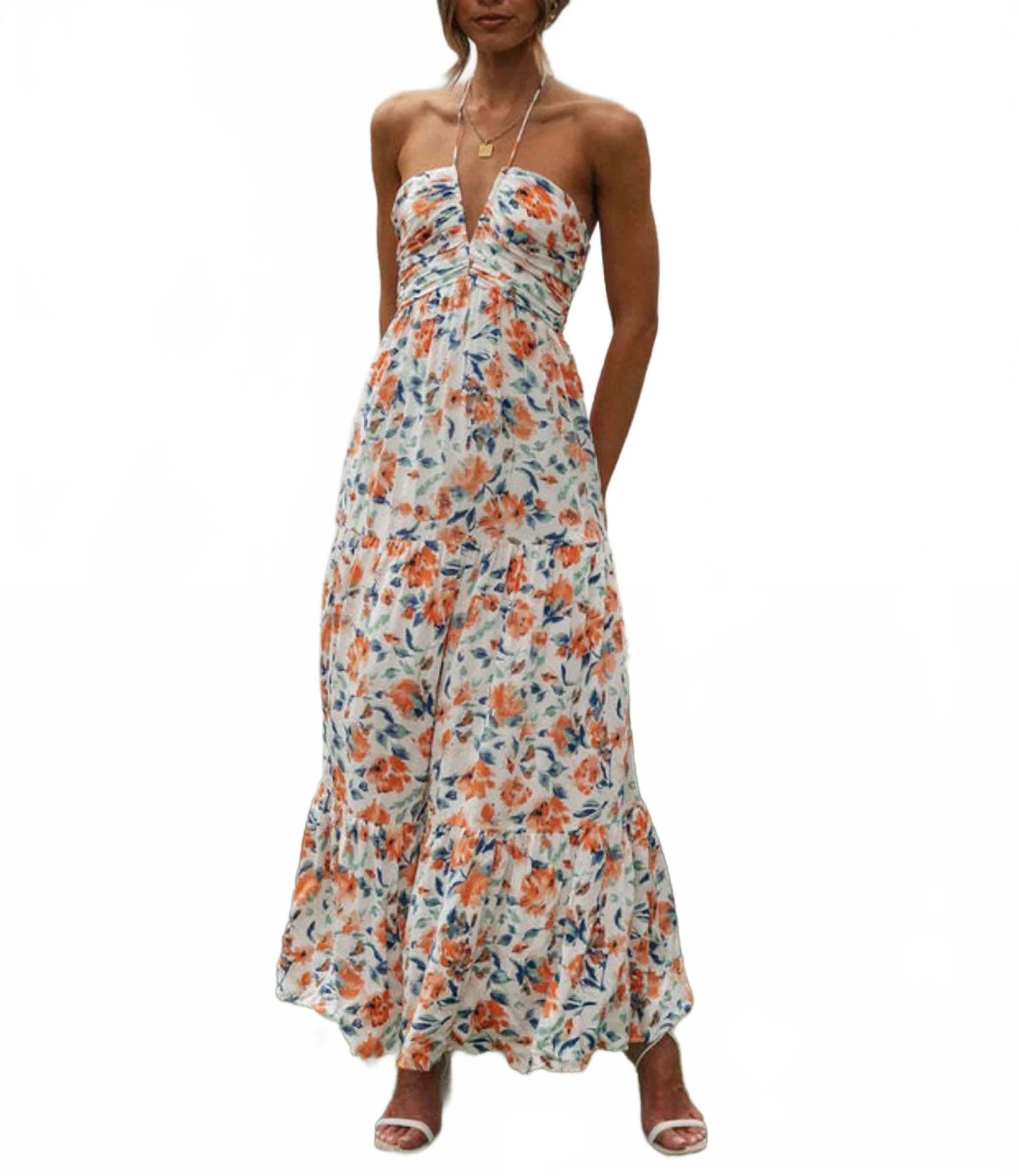Chiffon V Neck Floral Maxi Dress In Orange | Shop Simon