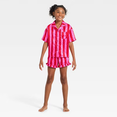 Girls' Valentine's Day Satin Button-Up Heart Striped Pajama Set - art class™ Pink | Target