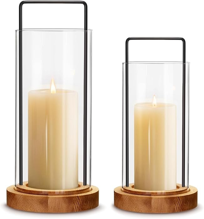 Houmury Set of 2 Hurricane Candle Holders Lantern 12” & 10”with Wood Base Metal Handle Glass ... | Amazon (US)