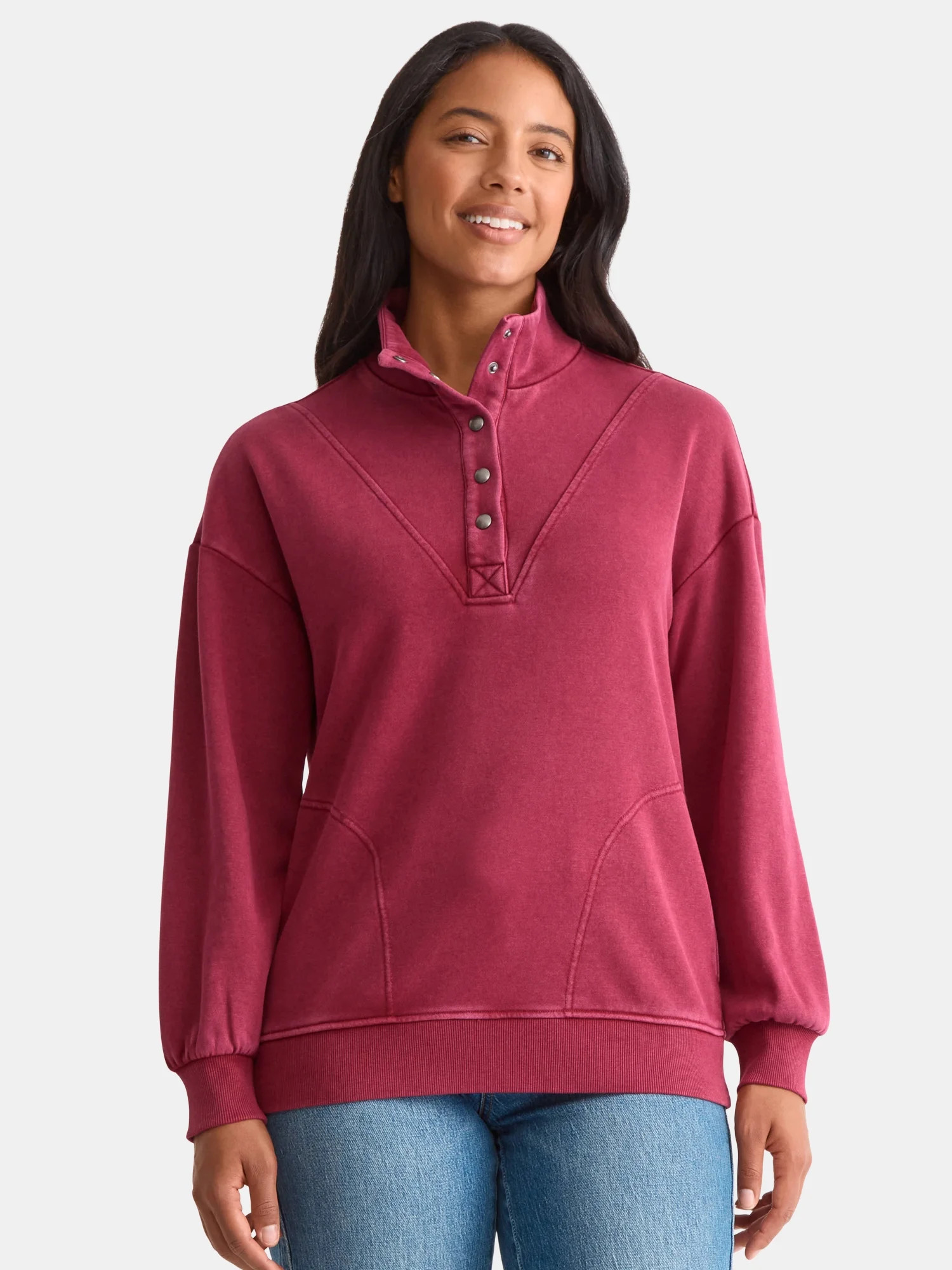 Time and Tru Women's Fashion Terry Snap Sweatshirt, Sizes XS-XXXL | Walmart (US)