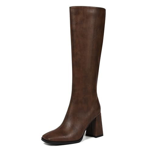 Wetviro Brown Square Toe Knee High Boots Women Chunky Block Heel Dress Tall Boots for Women High Heel GoGo Long Boots | Amazon (US)