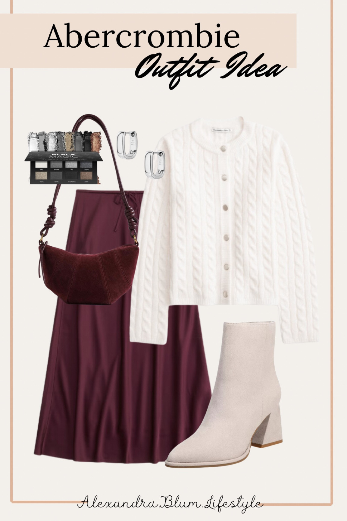 Abercrombie outfit idea! Winter outfit! Winter date night outfit! Church outfit! Thanksgiving outfit! Midi satin skirt with a white cardigan sweater, red wine crescent handbag, white booties, silver earrings, and Amazon makeup! Maxi satin midi skirt outfit! 

#LTKItBag #LTKFindsUnder100 #LTKHoliday