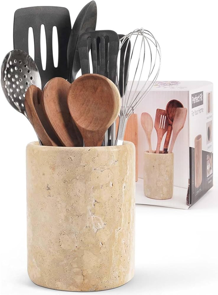 Marble Utensil Holder 6.5 Inch Travertine Utensil Caddy, Wooden Cooking Utensils Set & Spatula Or... | Amazon (US)