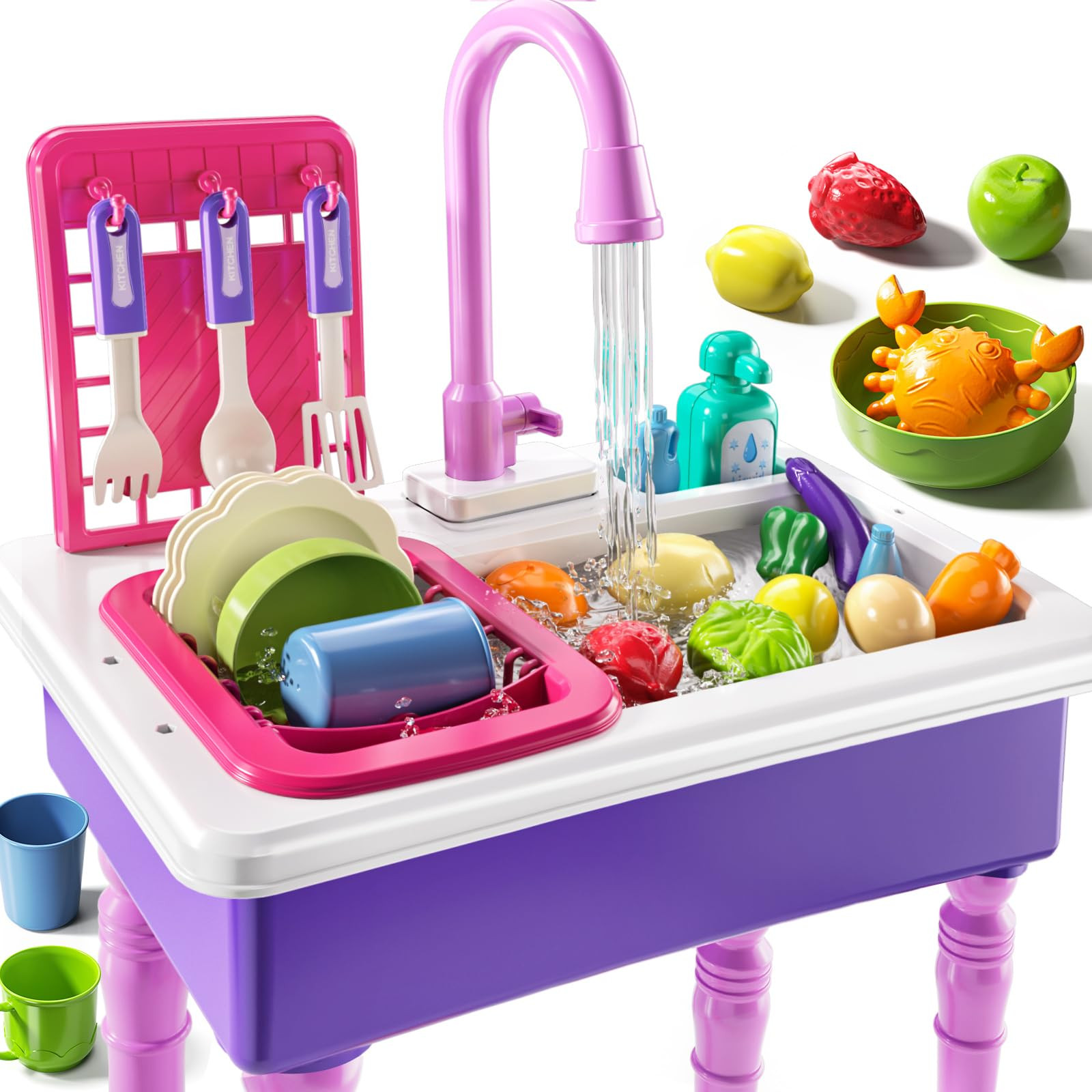 JUKUDAHU Play Sink with Running Water, Play Kitchen Toys Sink for Kids 3 4 5 6 7 Years Old, Electrical Dishwasher, Kitchen Accessories Set, Dishes Games, Gifts for Toddlers 3-5 | Amazon (US)