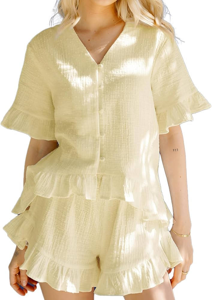 Womens Summer 2 Piece Set Button Down Ruffle Trim Top and Casual Shorts Set Cotton Pajama Set | Amazon (US)