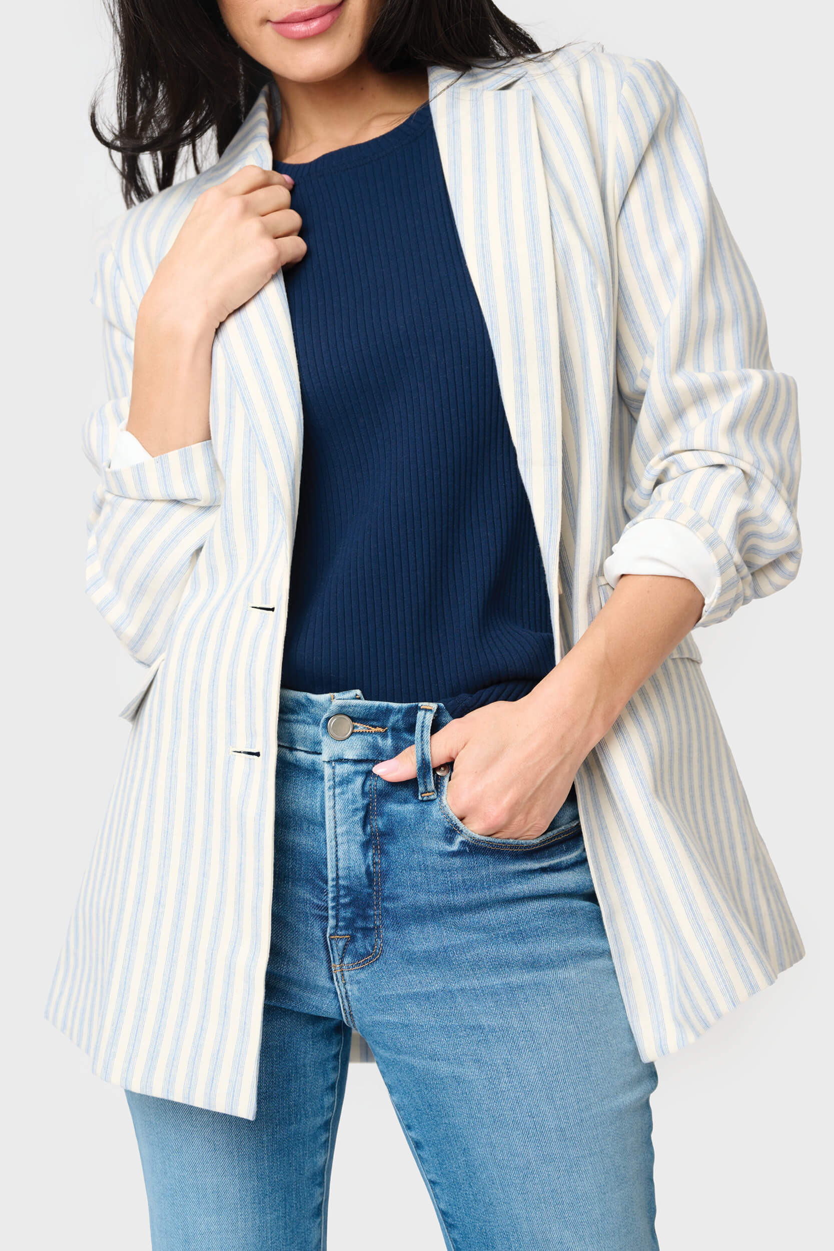 Long Line Striped Linen Blazer | Gibson